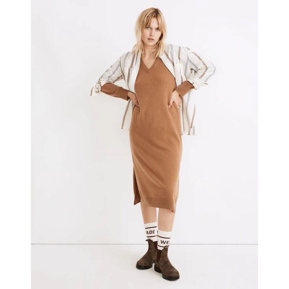 Madewell (Re)sourced Cashmere Wool V-Neck Midi Dress S Camel Tan Quiet Luxury